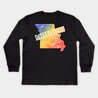 Colorful mandala art map of Missouri with text in blue, yellow, and red Kids Long Sleeve T-Shirt